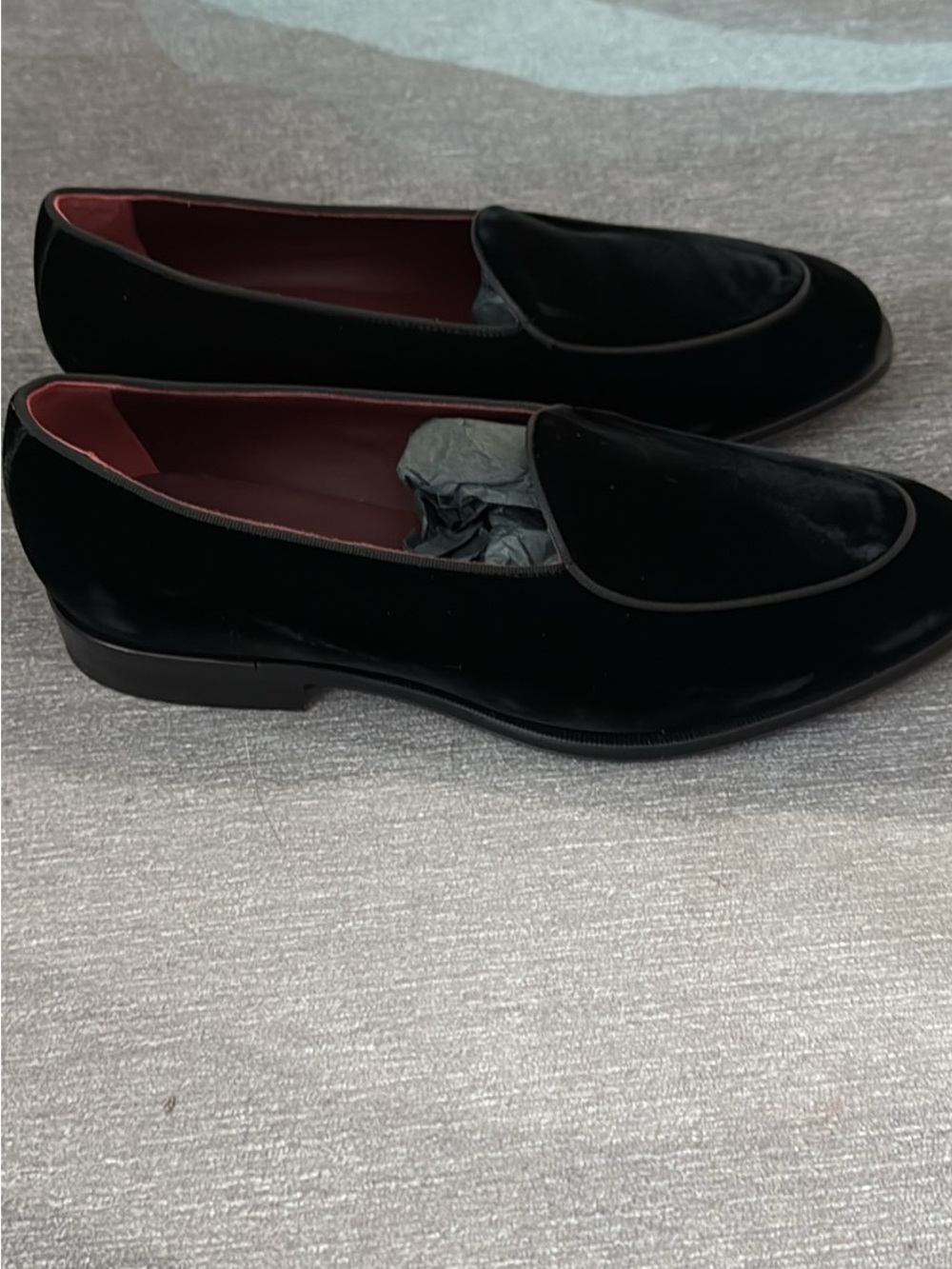 Suitsupply Black Velvet Slip-On Loafers with Burgundy Interior